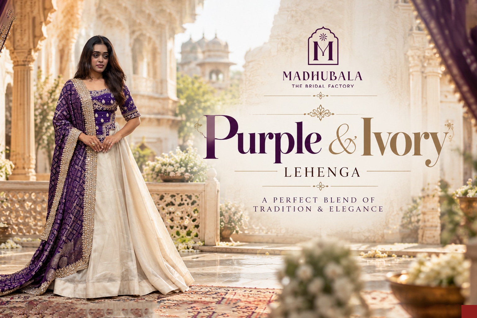 Purple Embroidered Blouse with Ivory Lehenga & Dupatta-by Madhubala